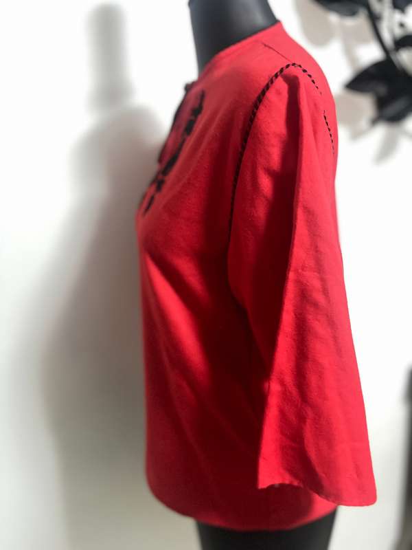 Red Vintage top with black embroidery - Size 14