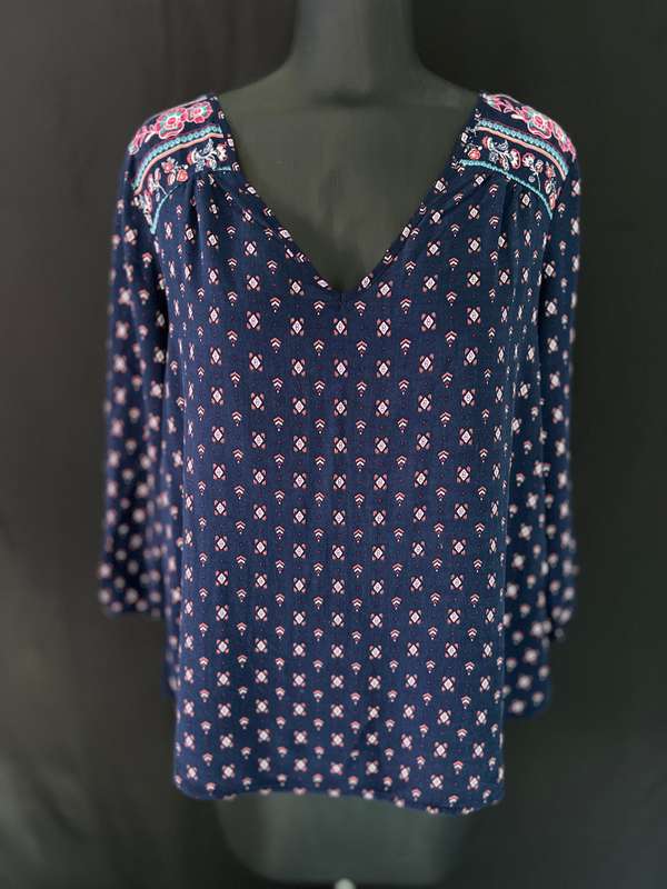 Refinery: Navy boho top with strap detail on back and tassles from cuffs - Size L