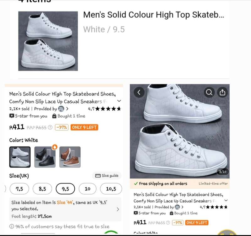 Mens White high top skateboard shoes - 9.5