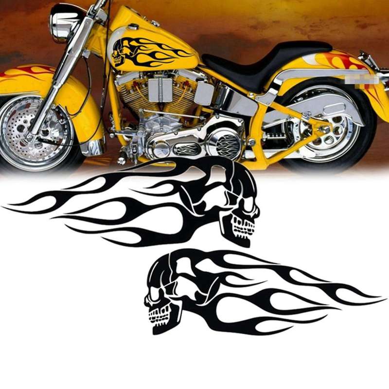 Universal Motorcycle Motorbike Gas Tank Skull Flame Decals Sticker 2 PIECES