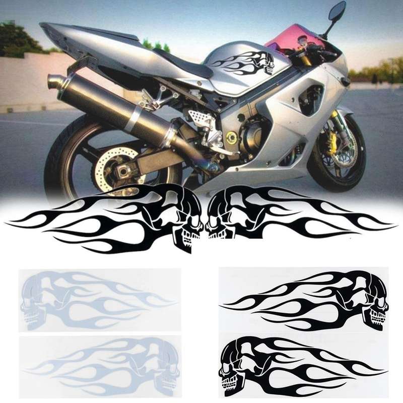 Universal Motorcycle Motorbike Gas Tank Skull Flame Decals Sticker 2 PIECES
