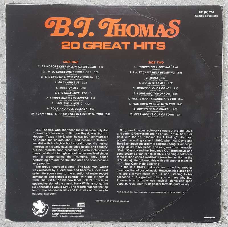 B.J. THOMAS - 20 GREAT HITS Vinyl, LP, Compilation Country: South Africa Released: 1981