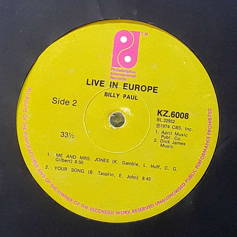 BILLY PAUL - "LIVE IN EUROPE" Vinyl, LP, Album Country: Released: 1974