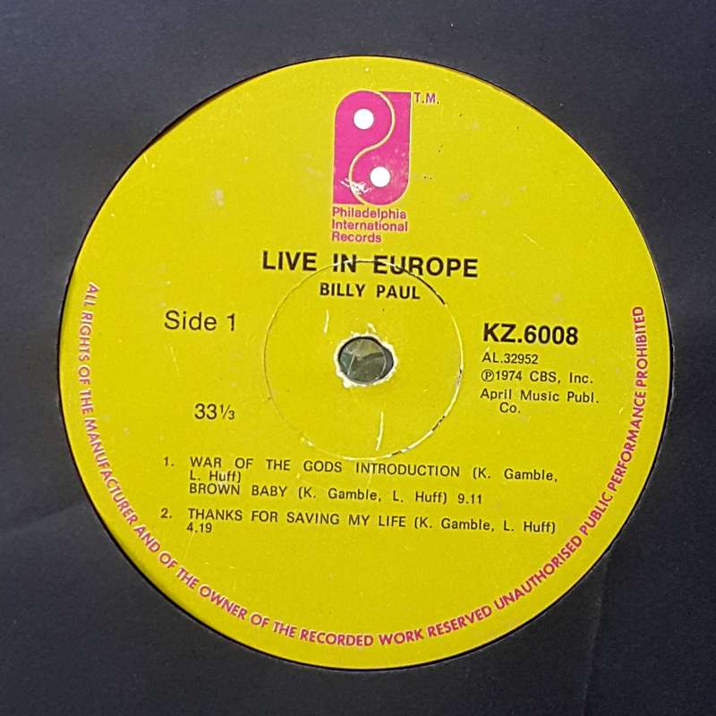 BILLY PAUL - "LIVE IN EUROPE" Vinyl, LP, Album Country: Released: 1974