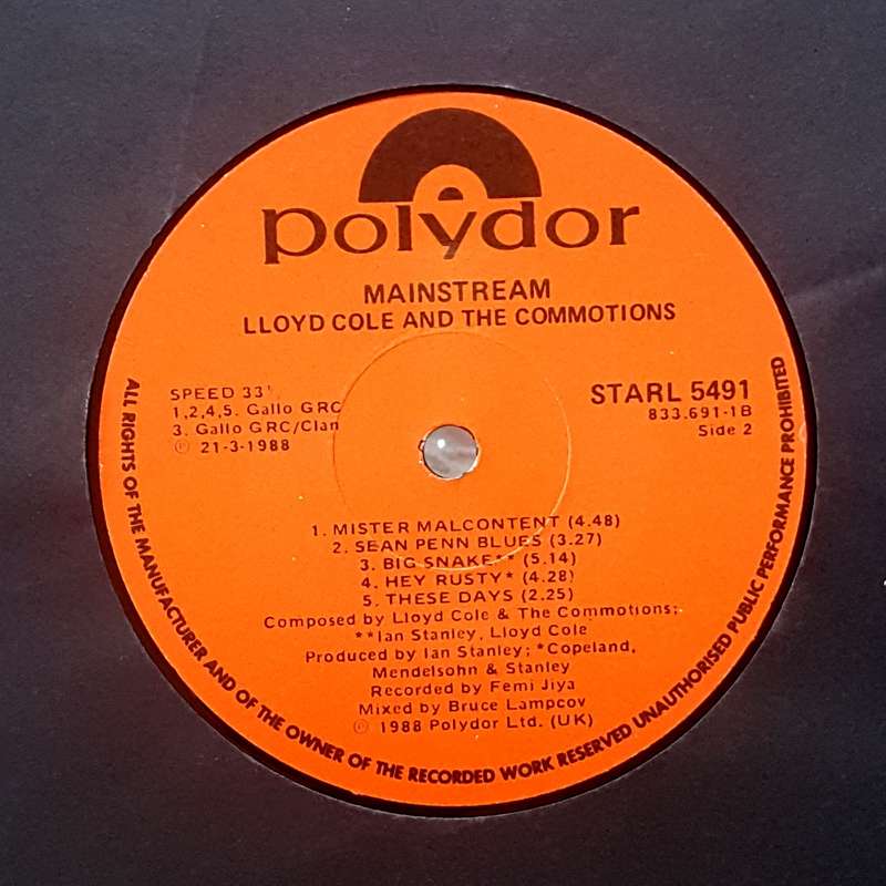 LLOYD COLE AND THE COMMOTIONS - MAINSTREAM Vinyl, LP, Album Country: South Africa Released: 1988