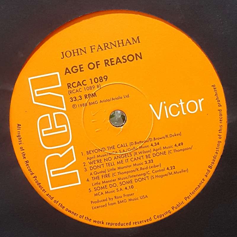 JOHN FARNHAM - AGE OF REASON Vinyl, LP, Album Country: South Africa Released: 1988
