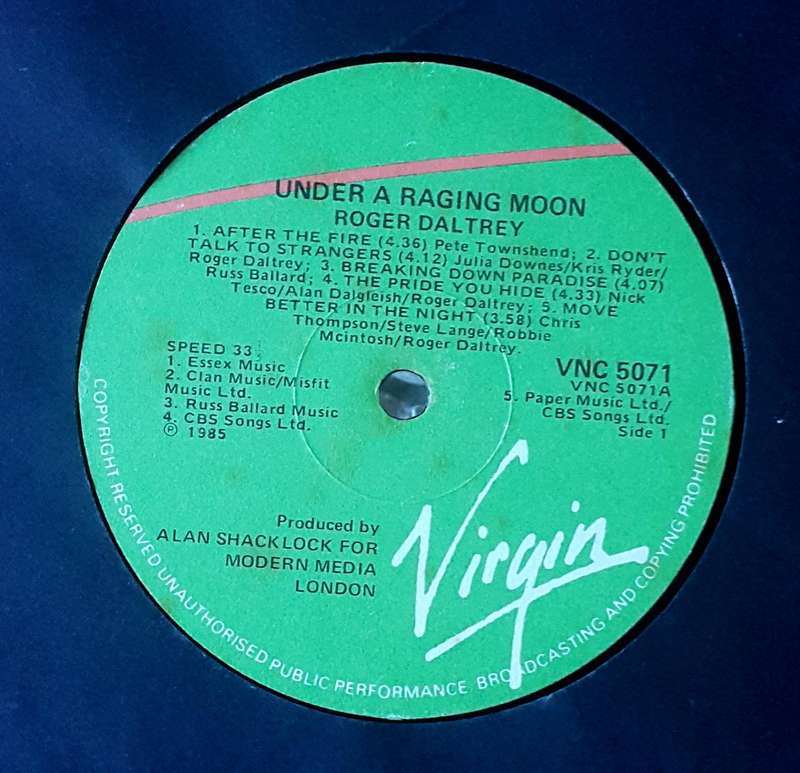 ROGER DALTREY - UNDER A RAGING MOON Vinyl, LP, Album Country: South Africa Released: 1985