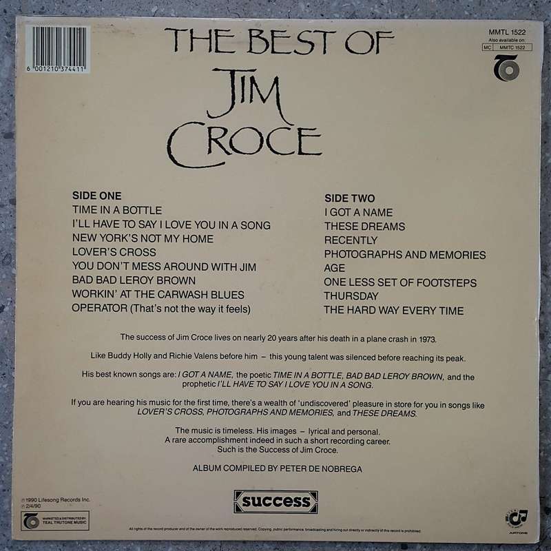 JIM CROCE - THE VERY BEST OF Vinyl, LP, Compilation Country: South Africa Released: 2 April 1990