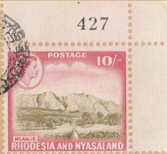 RHODESIA & NYASALAND     1959   10/- M  CORNER PIECE WITH NUMBER  SACC 31
