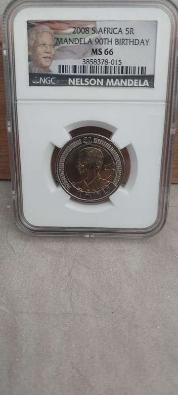 2008 South Africa 5 Rand Nelson Mandela 90th Birthday commemorative coin, graded MS 66 by NGC