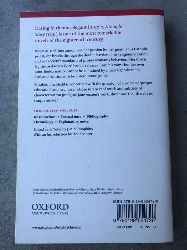 A Simple Story by Elizabeth Inchbald [Paperback: Excellent]