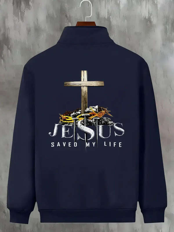 Men'S Stylish Cross & Jesus Print Bomber Jacke