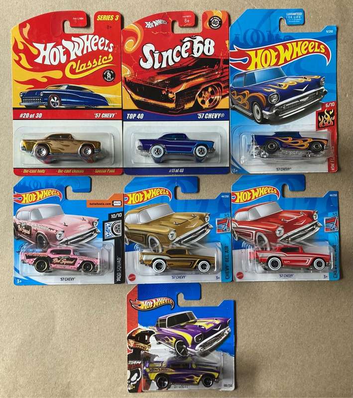 Hot Wheels 57 Chevy collection - 7 cars - carded