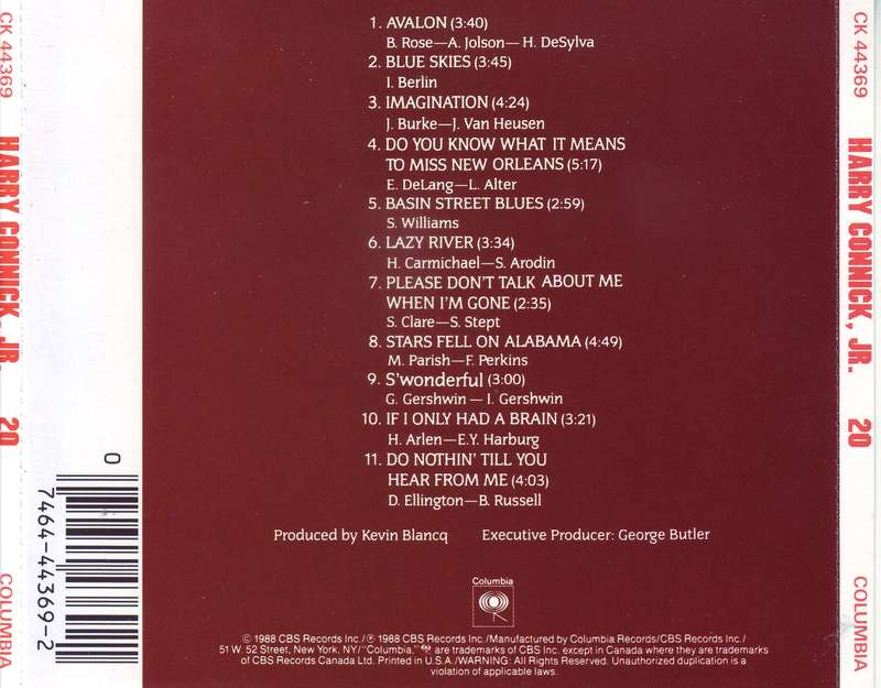 HARRY CONNICK JR. - 20 (CD) CK 44369 VG to VG+