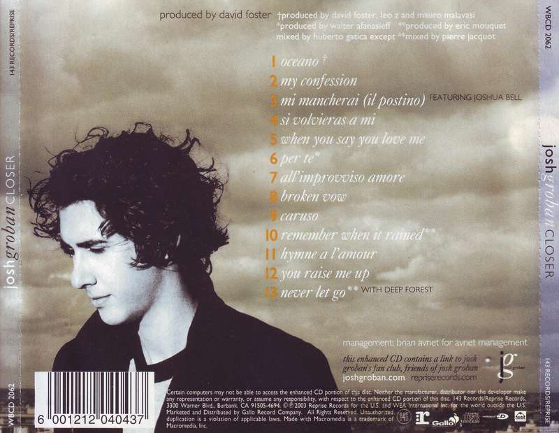 JOSH GROBAN - Closer (CD) WBCD 2062 VG to VG+