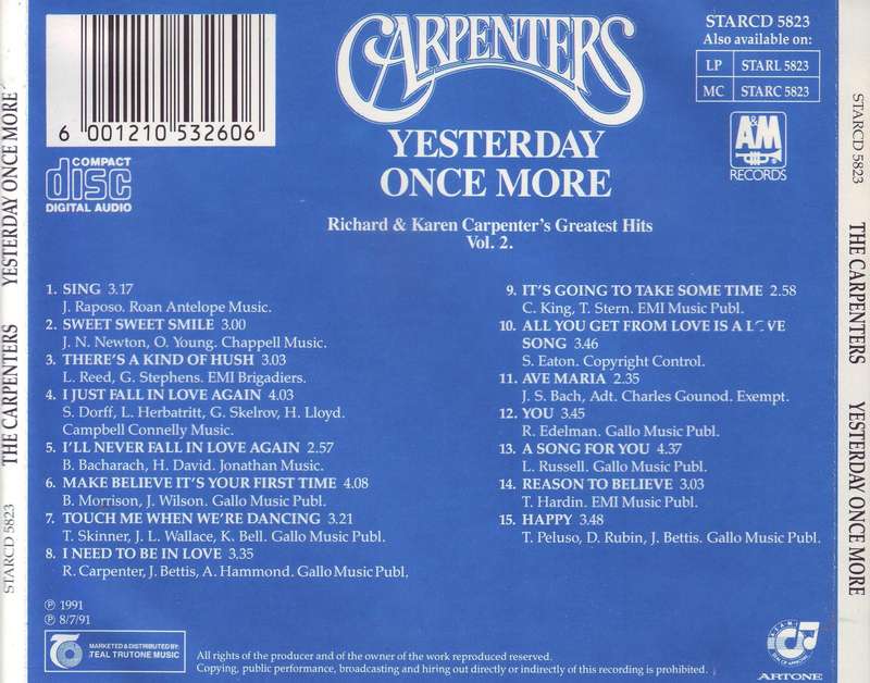 THE CARPENTERS - Yesterday Once More Richard & Karen Carpenter's Greatest Hits Vol. 2 STARCD 5823 EX