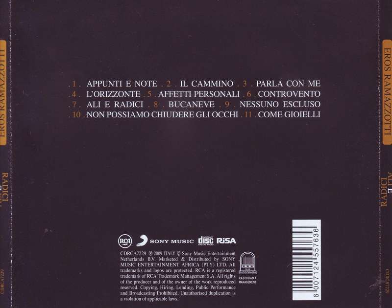 EROS RAMAZZOTTI - Ali e radici (CD) CDRCA7229 NM