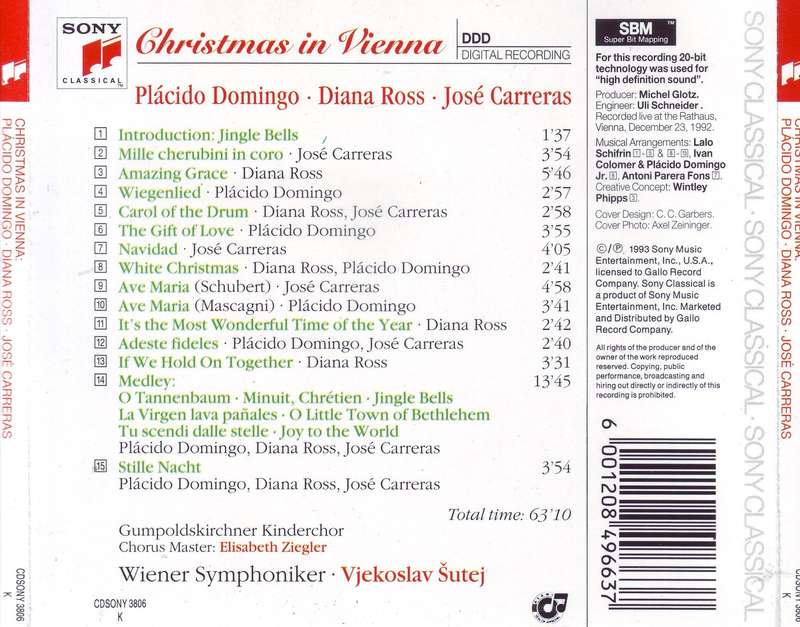 PLACIDO DOMINGO, DIANA ROSS, JOSE CARRERAS - Christmas In Vienna (CD)  CDSONY 3806 K NM-