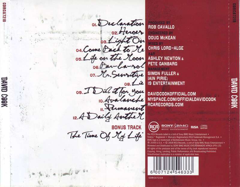 DAVID COOK - David Cook (CD) CDRCA7218 VG to VG+