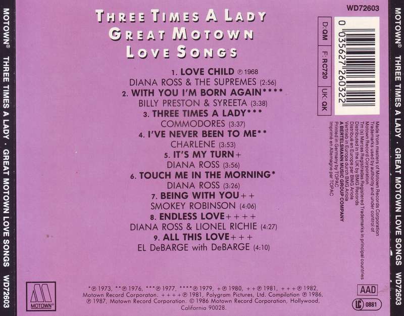 THREE TIMES A LADY GREAT MOTOWN LOVE SONGS - Compilation (CD) WD72603 VG+