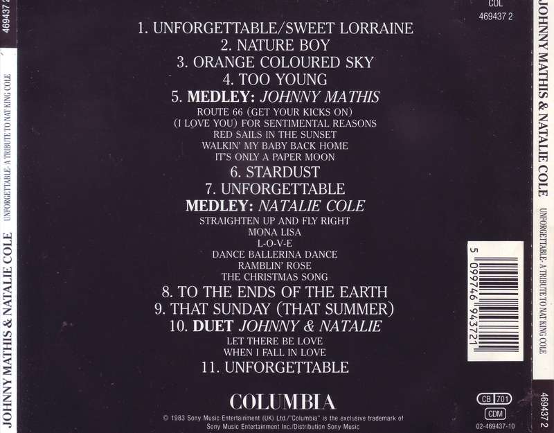 JOHNNY MATHIS & NATALIE COLE - Unforgettable: A Tribute To Nat King Cole (CD) 469437 2 VG to VG+