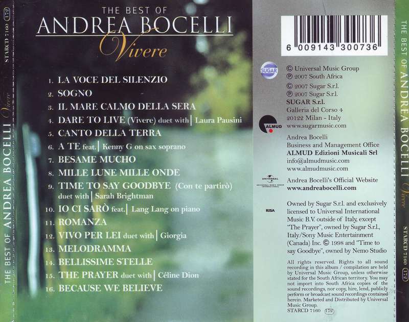 ANDREA BOCELLI - Vivere: The Best Of Andrea Bocelli (CD) STARCD 7160 EX