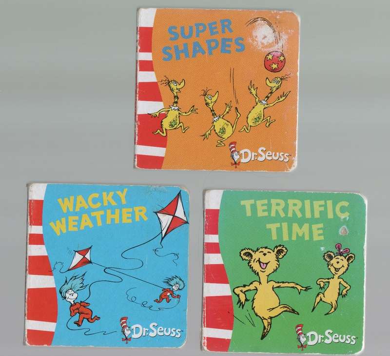 THREE SMALL CARD BOARD DR SEUSS BOOKS:SUPER SHAPES , WACKY WEATHER, TERRIFIC TIME (1 ST PUBL 2011)