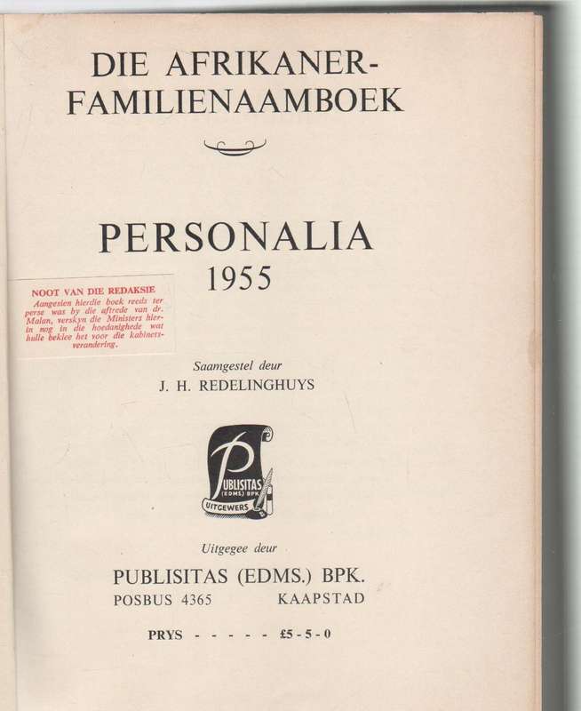 DIE AFRIKANER FAMILIENAAMBOEK EN PERSONALIA 1955 - J H REDELINGHUYS