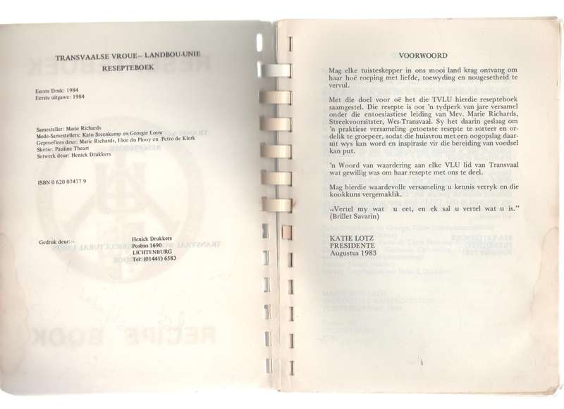 TRANSVAALSE VROUE LANDBOU-UNIE RESEPTEBOEK (1 STE UITGAWE 1984)