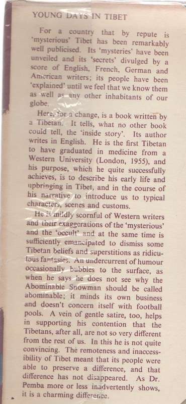 YOUNG DAYS IN TIBET - TSEWANG PEMBA (1 ST PUBLISHED 1957)