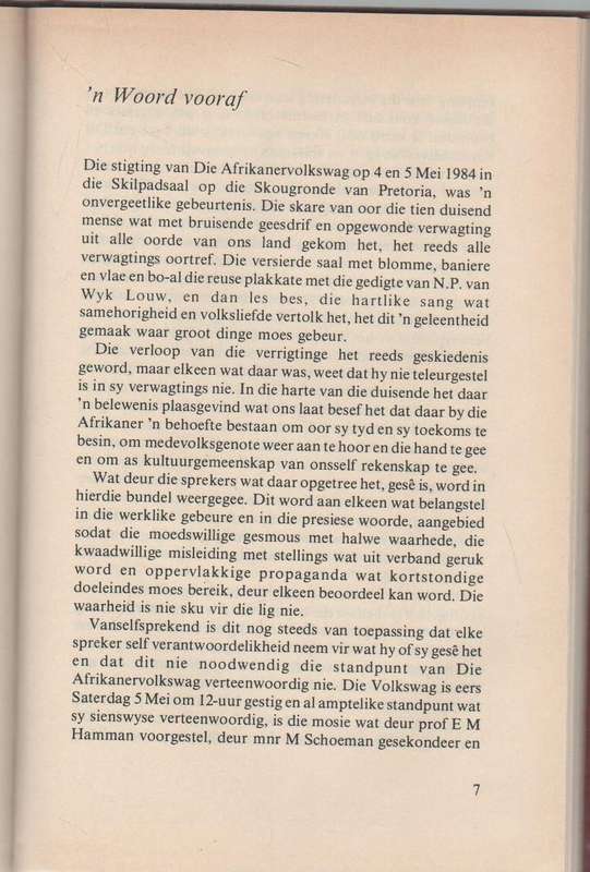 STIGTING DIE AFRIKANER-VOLKSWAG, HOOFREDES GELEWER OP - 4 EN 5 MEI 1984  (1 STE UITGAWE 1984)
