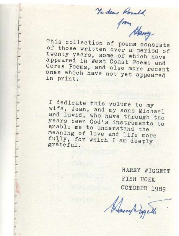 REFLECTIONS : POEMS BY HARRY WIGGET (OCTOBER 1989 - SIGNED)