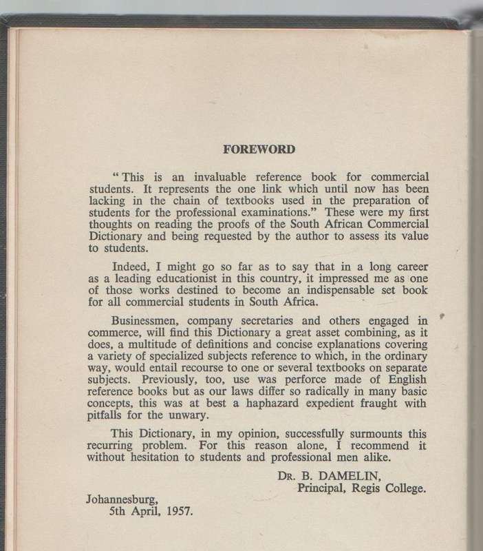 THE SOUTH AFRICAN COMMERCIAL DICTIONARY - GORDON P CRAWFORD (FOREWORD DATED 1957)