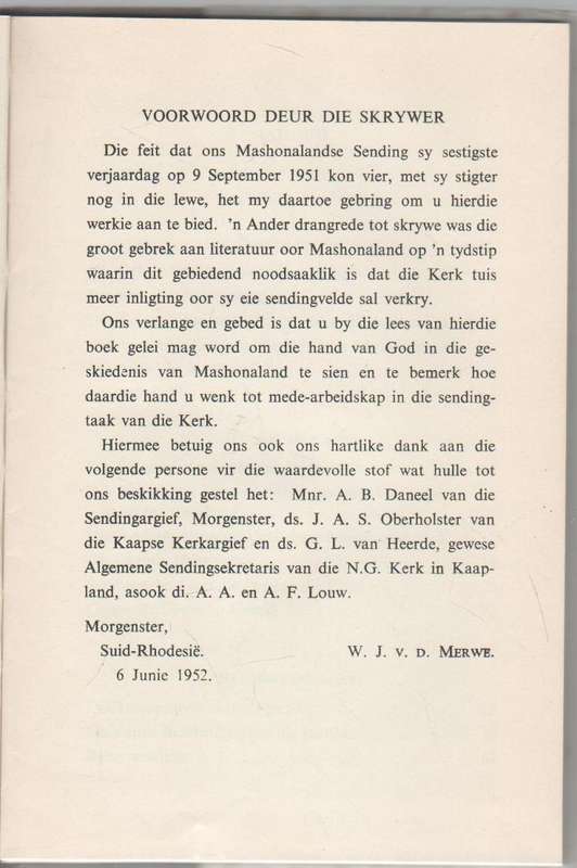 SENDINGGENADE IN MASHONALAND - DR W J VAN DER MERWE (VOORWOORD 1952 GEDATEER)