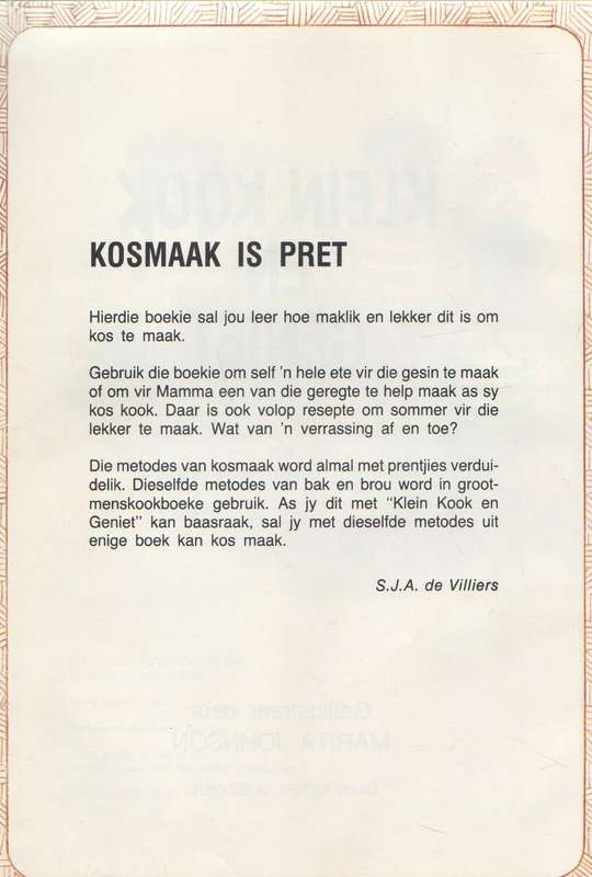 KLEIN KOOK EN GENIET - S J A DE VILLIERS (1 STE UITGAWE 1982)