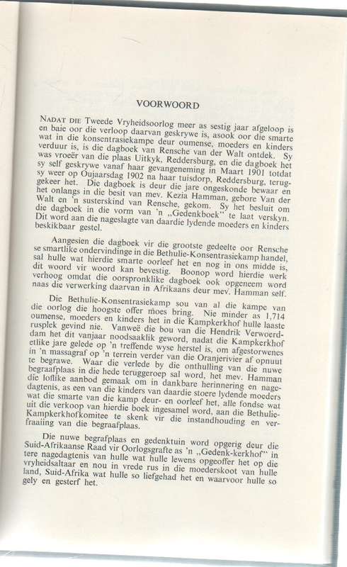 DAGBOEK VAN 'N BETHULIE-KAMPDOGTER - KEZIA HAMMAN (VOORWOORD 1965 GEDATEER) BOEROORLOG