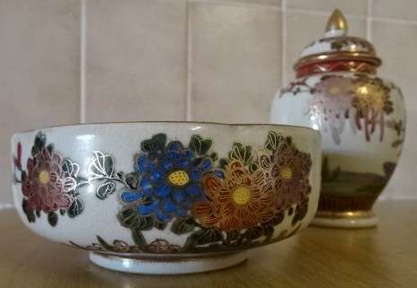 SATUMA GINGER JAR WITH LID, FLORAL & BIRD MOTIF AND SATUMA BOWL- JAPANESE VINTAGE CERAMICS