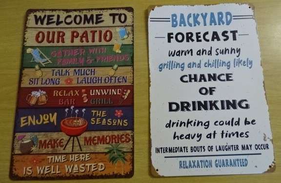 TWO TIN (20CM X 30CM) FUN WALL HANGINGS FOR A BAR, MAN CAVE OR PATIO