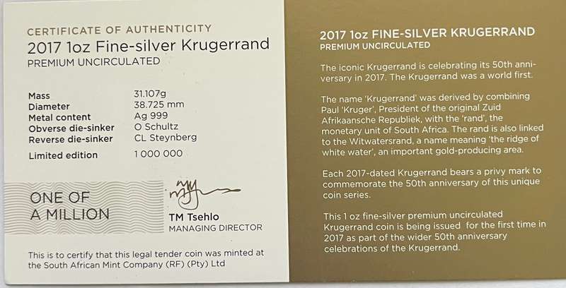 Certificate of Authenticity (COA) for 2017 Silver Krugerrand