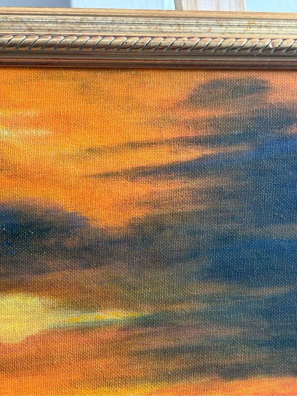 Painting by R Ainscow 1995 Two birds flying in sunset 36cm x 46cm with frame oil on board