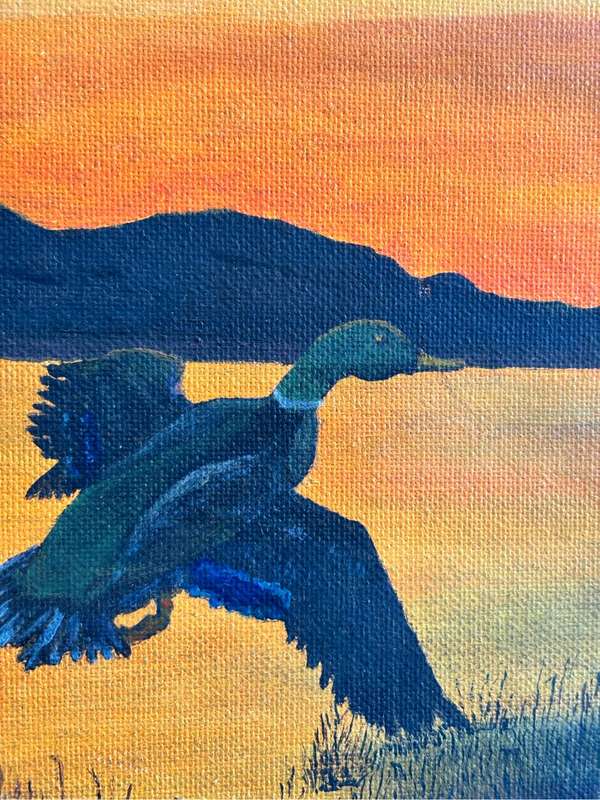 Painting by R Ainscow 1995 Two birds flying in sunset 36cm x 46cm with frame oil on board