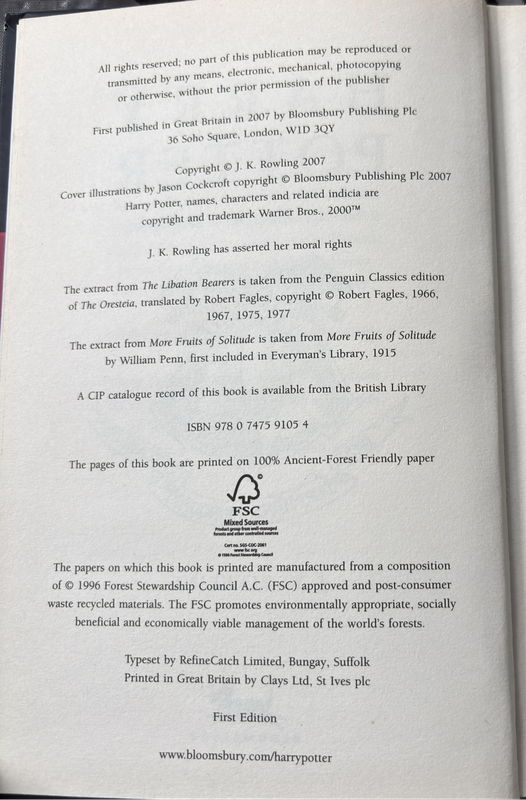 Harry Potter 1st First Edition the Deathly Hallows Hardcover