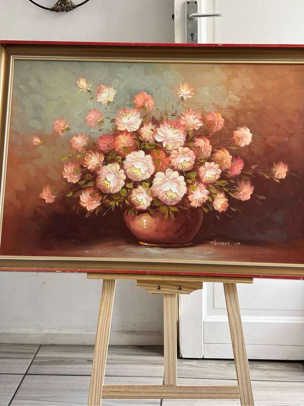 Robert Cox Original Oil on Board Pink white Flowers in vase 70cm x 100cm with Frame