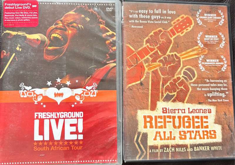Music DVDs x 2 Freshly Ground Live SA Tour & Sierra Leones Refugee All Stars