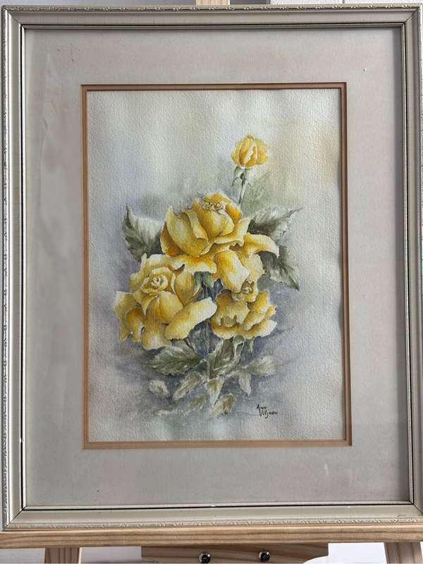 Painting Ann Viljoen Yellow Roses watercolour 53cm x 43cm with Frame