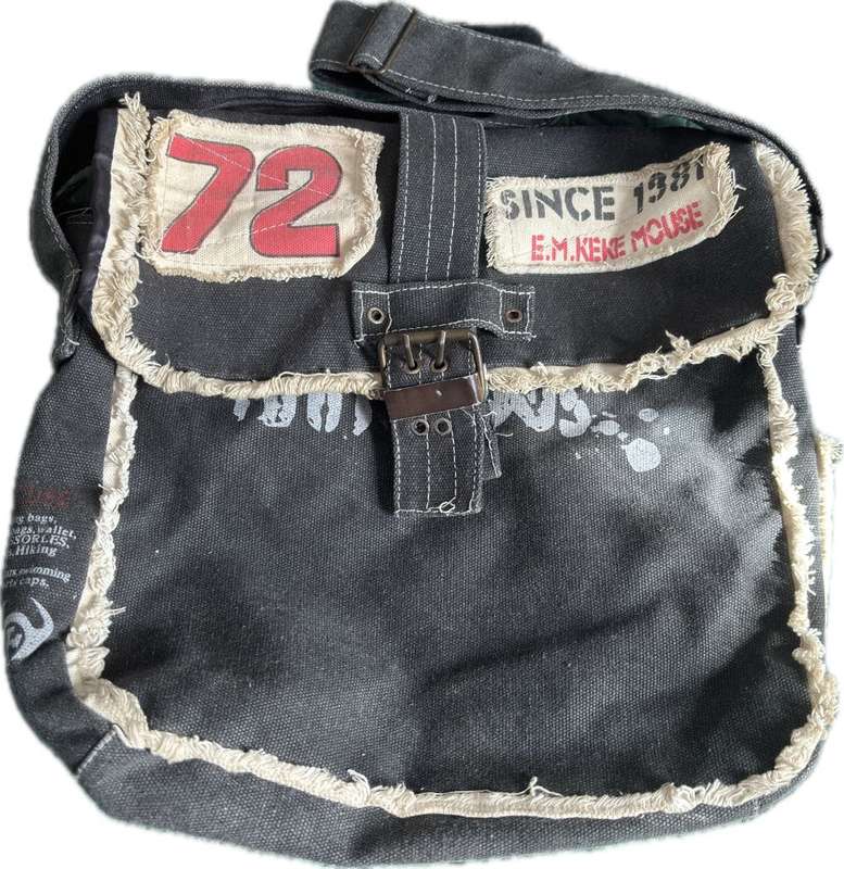 Black Jean Bag with Patches Handmade Unique