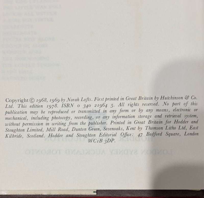 Rare Book Nora Lofts The Lost One 1978 Collectable