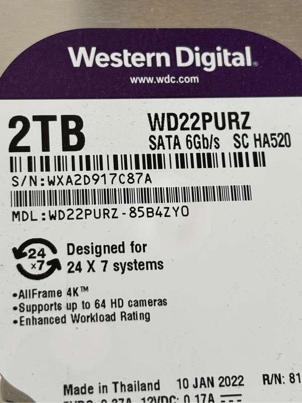 Western Digital 2TB WD22PURZ Sata 6Gb/s SC HA520 Surveillance Hard Drive