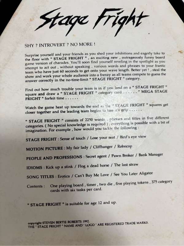 Very Rare Stage Fright Collectable The Charade Board Game