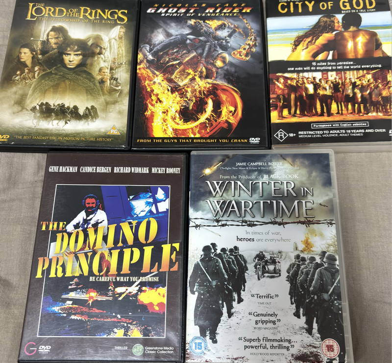 DVD X 5 Ghost Rider, City of God, Lord of the Rings, plus 2